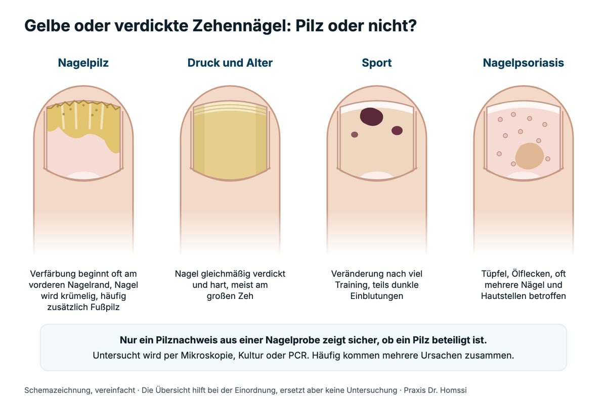 Schemazeichnung: Zehennägel bei Nagelpilz, bei Druck und Alter, nach Sport und bei Nagelpsoriasis im Vergleich