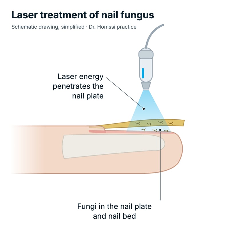 Schematic longitudinal section: laser energy penetrates the nail plate, fungi in the nail plate and nail bed