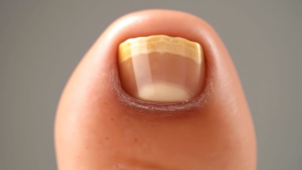 Ein Nagelpilz in Frontalansicht auf dem großen Zeh.