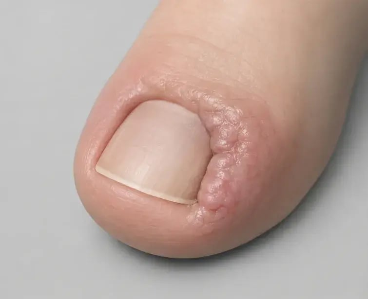 Illustration: großer Zeh mit knotig wucherndem Gewebe (wildes Fleisch) am seitlichen Nagelrand