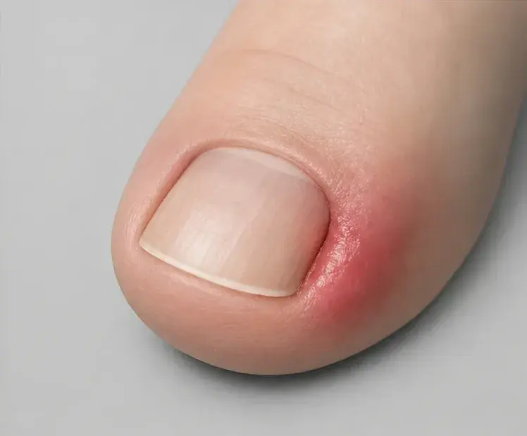 Illustration: großer Zeh mit gerötetem, leicht geschwollenem Nagelwall an einem eingewachsenen Zehennagel